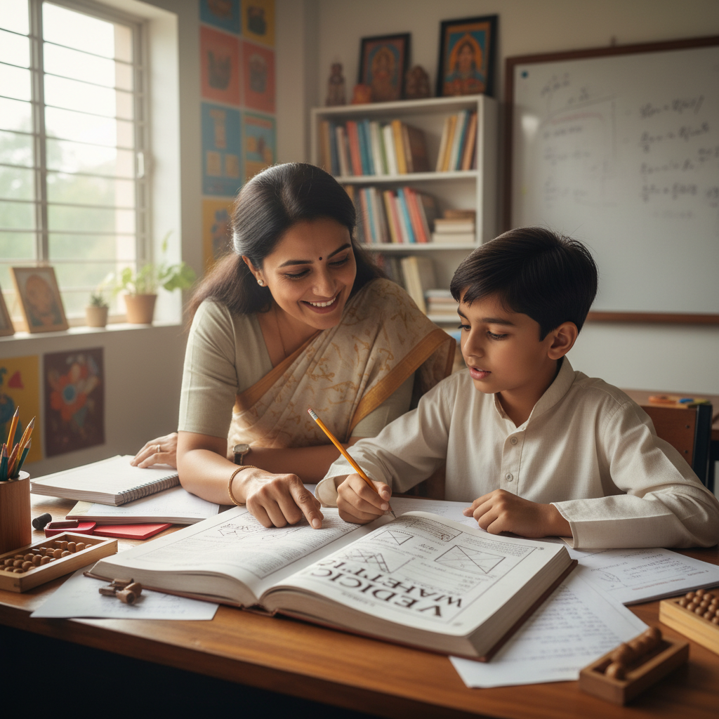 Indian teacher smiling warmly guiding young students in a hands-on activity at a colourful school desk