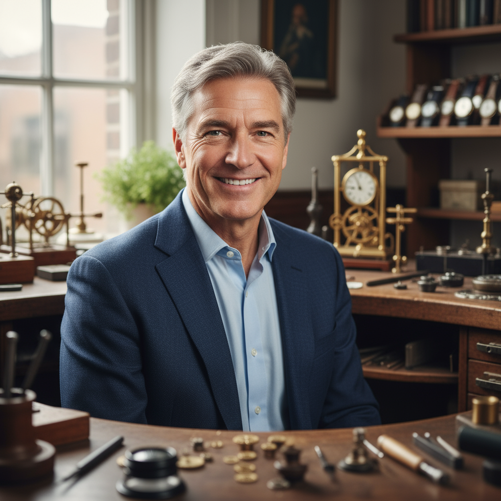 Senior Swiss watchmaker portrait, professional, calm expression, dark background, warm side lighting
