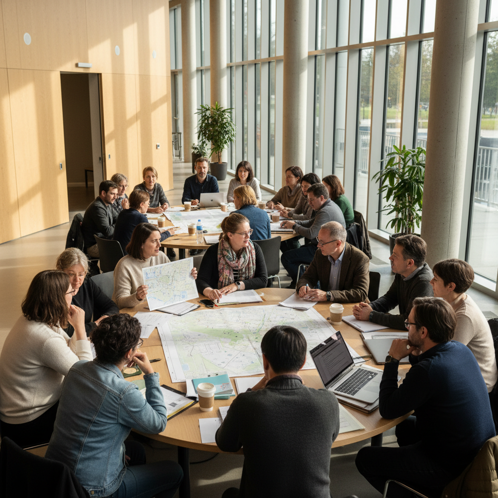 Two people talking across a table during a planning conversation