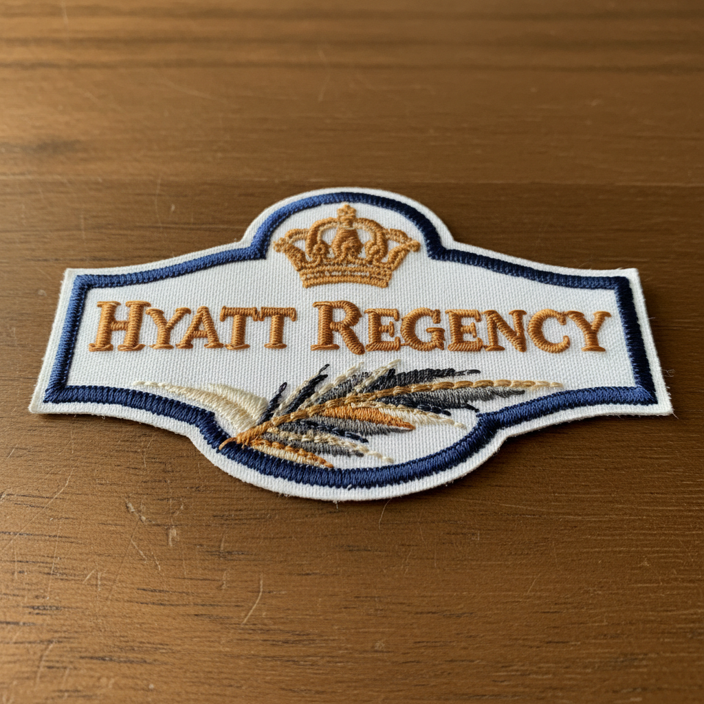 Close-up of embroidered Hyatt Regency insignia on white uniform fabric with amber thread highlights
