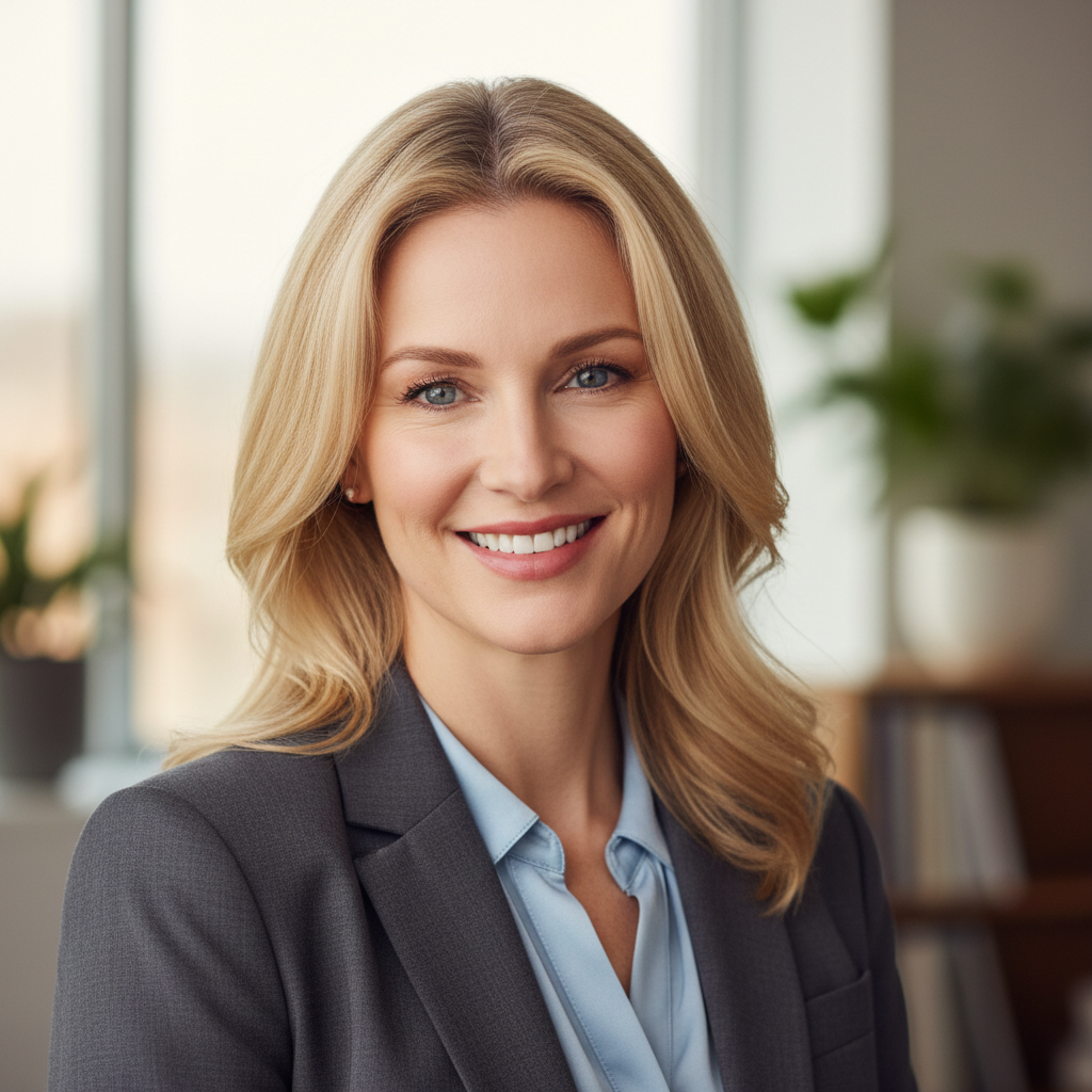 Professional woman with confident posture and bright expression in corporate setting