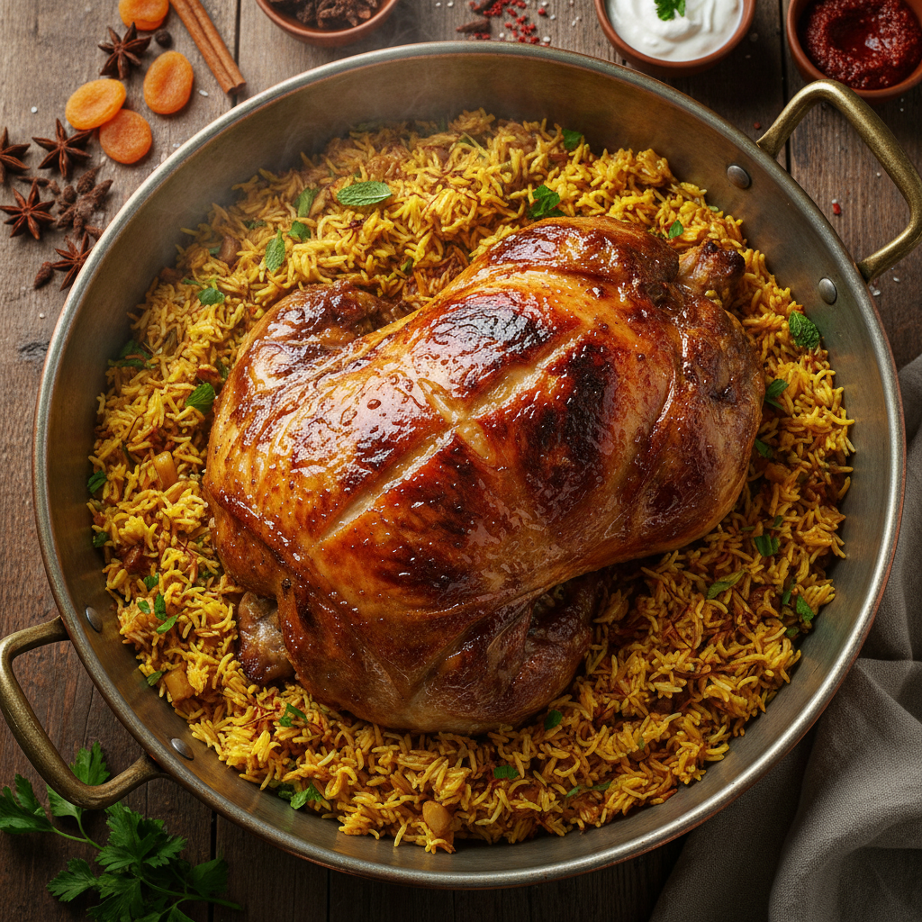 Overhead view of a whole roasted lamb on a bed of saffron rice in a large copper pot