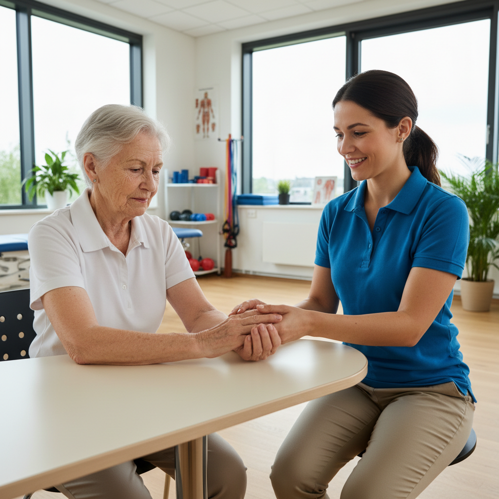 Older woman performing hand and wrist exercises guided by a physiotherapist in a bright clinical setting