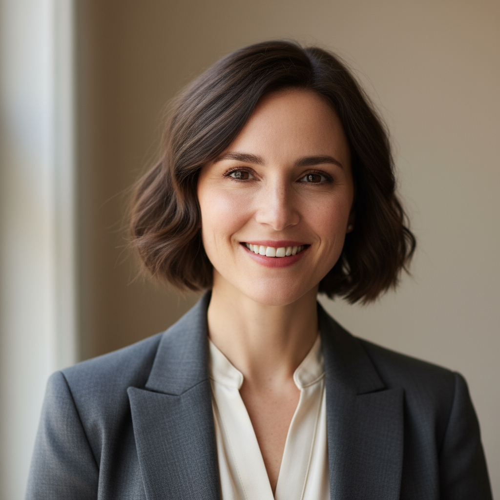 Professional headshot of Sarah Mitchell, a confident woman with brown hair in business attire smiling warmly