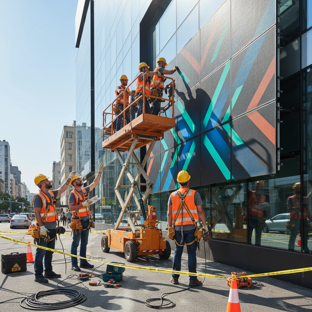 Professional team installing outdoor advertising signage with precision and safety compliance