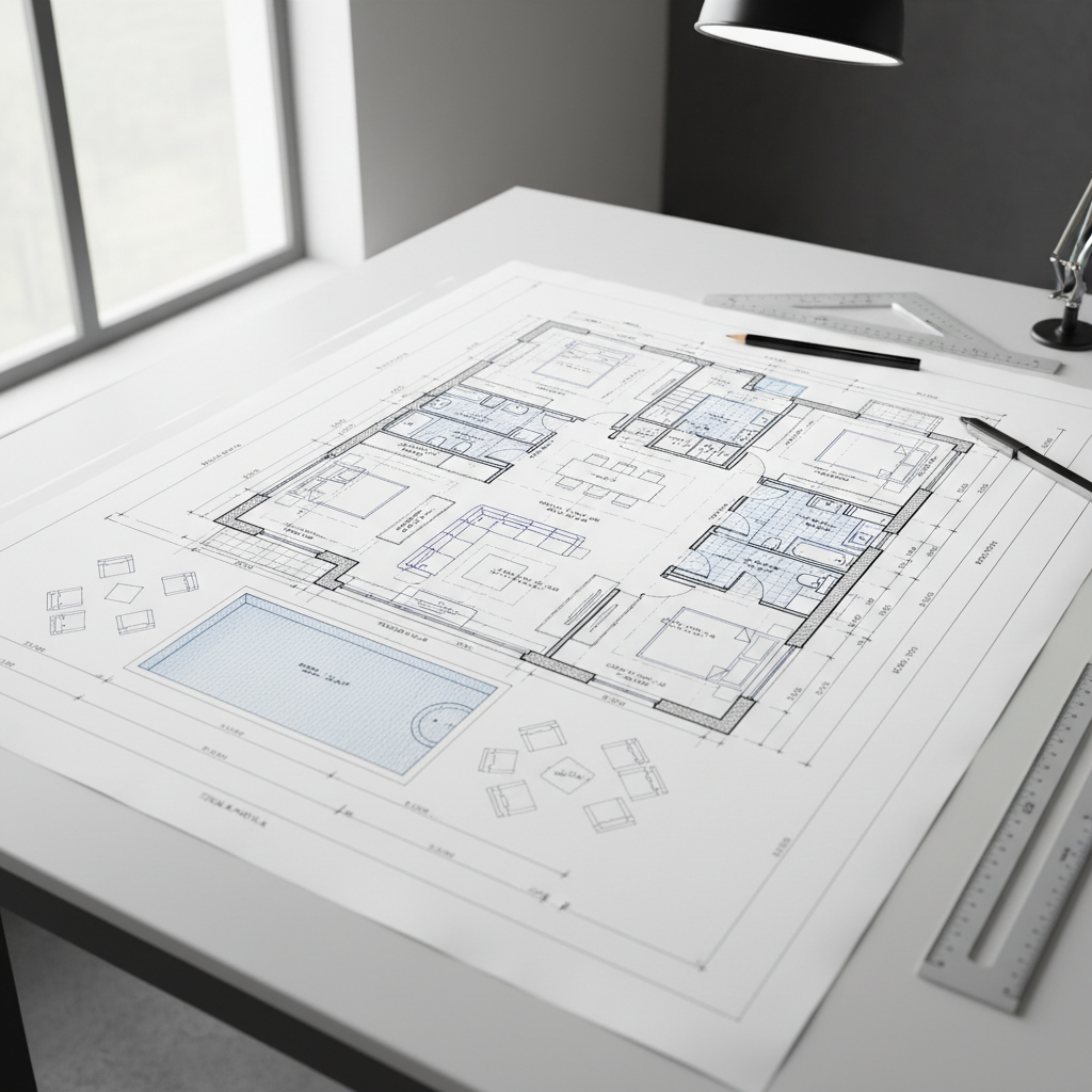 Plan architectural en cours d'esquisse, table à dessin, traits précis, lumière de bureau, tons neutres