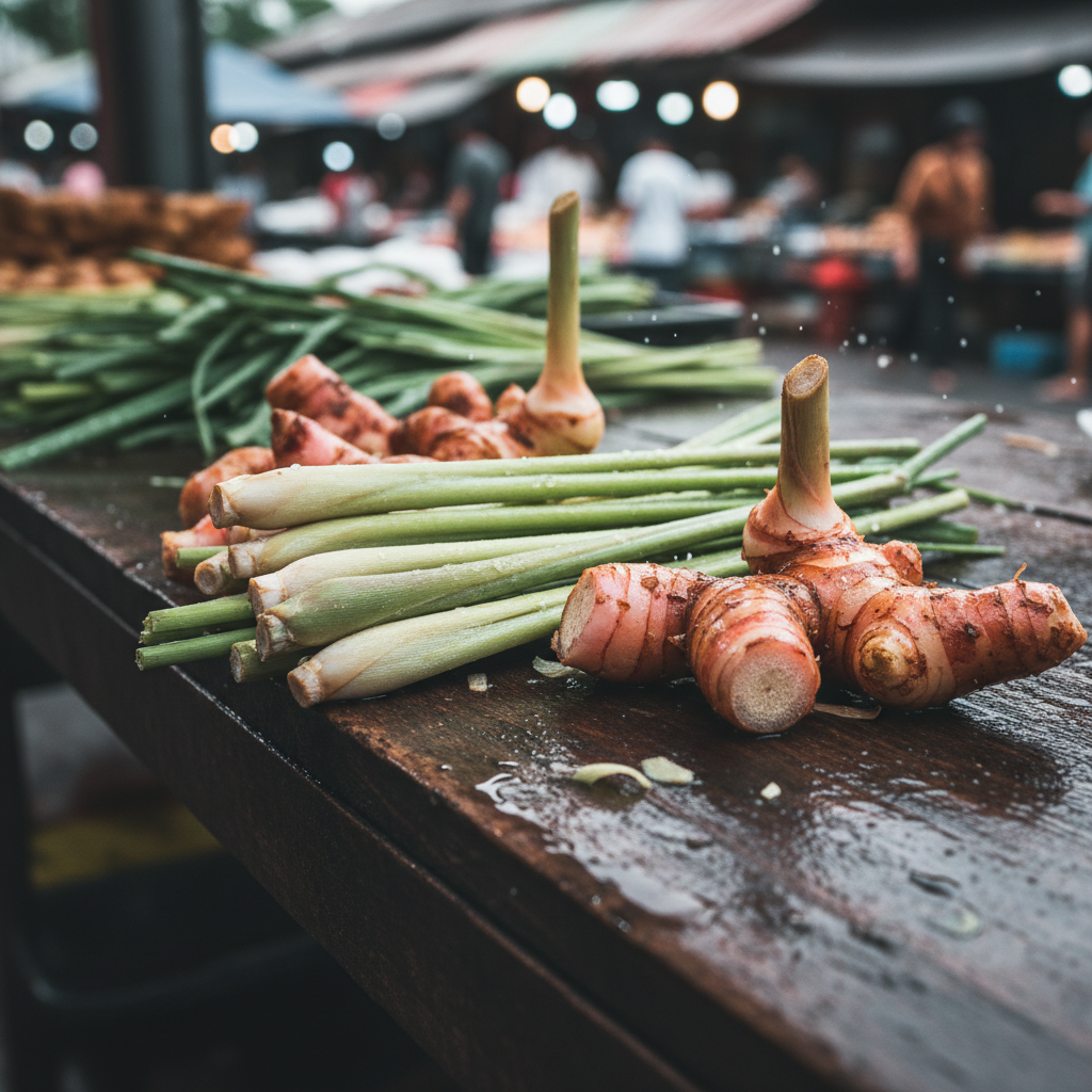 Fresh lemongrass stalks and galangal roots on a wet market wooden counter