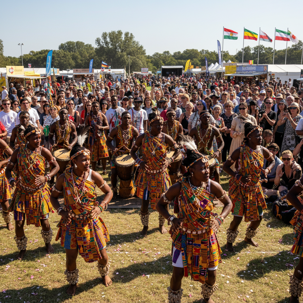 Outdoor cultural festival with performers in traditional African attire, warm stage lighting, crowd engaged