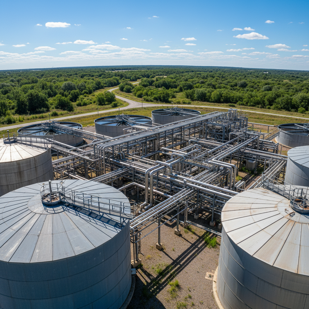 Aerial view of a water treatment facility with large tanks and clean water infrastructure
