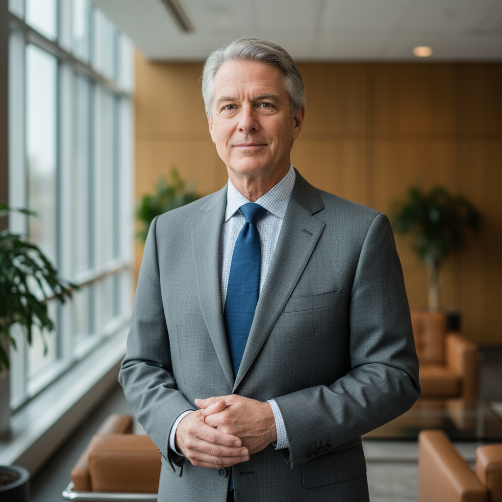 Mature professional man with silver hair and a confident demeanor in a formal business setting