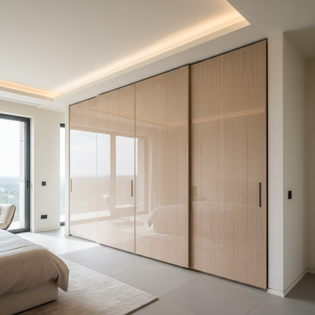 Floor-to-ceiling built-in timber wardrobe with sliding doors, organized bedroom storage