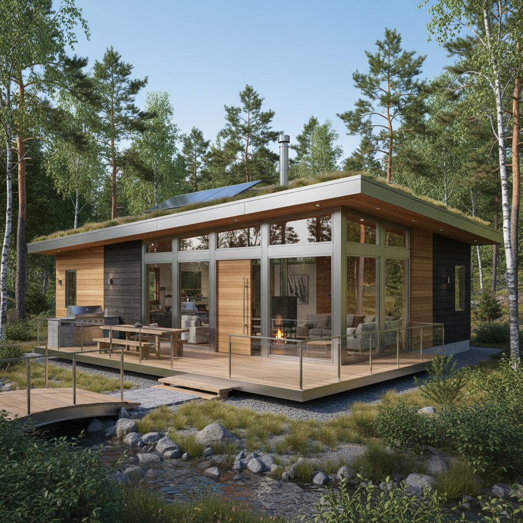 Bright airy cabin interior with large windows overlooking forest, clean white bedding, wooden floors, natural light flooding in