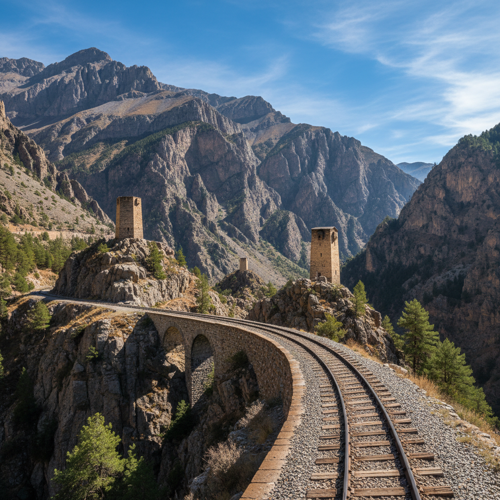 Historic railway line through mountainous terrain with ancient towers visible