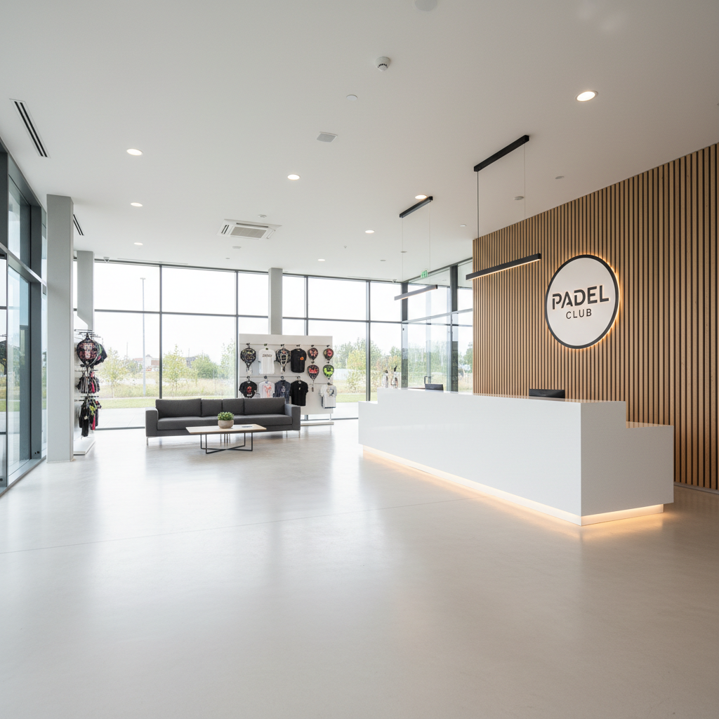 Padel club reception area quiet and empty during off-peak hours