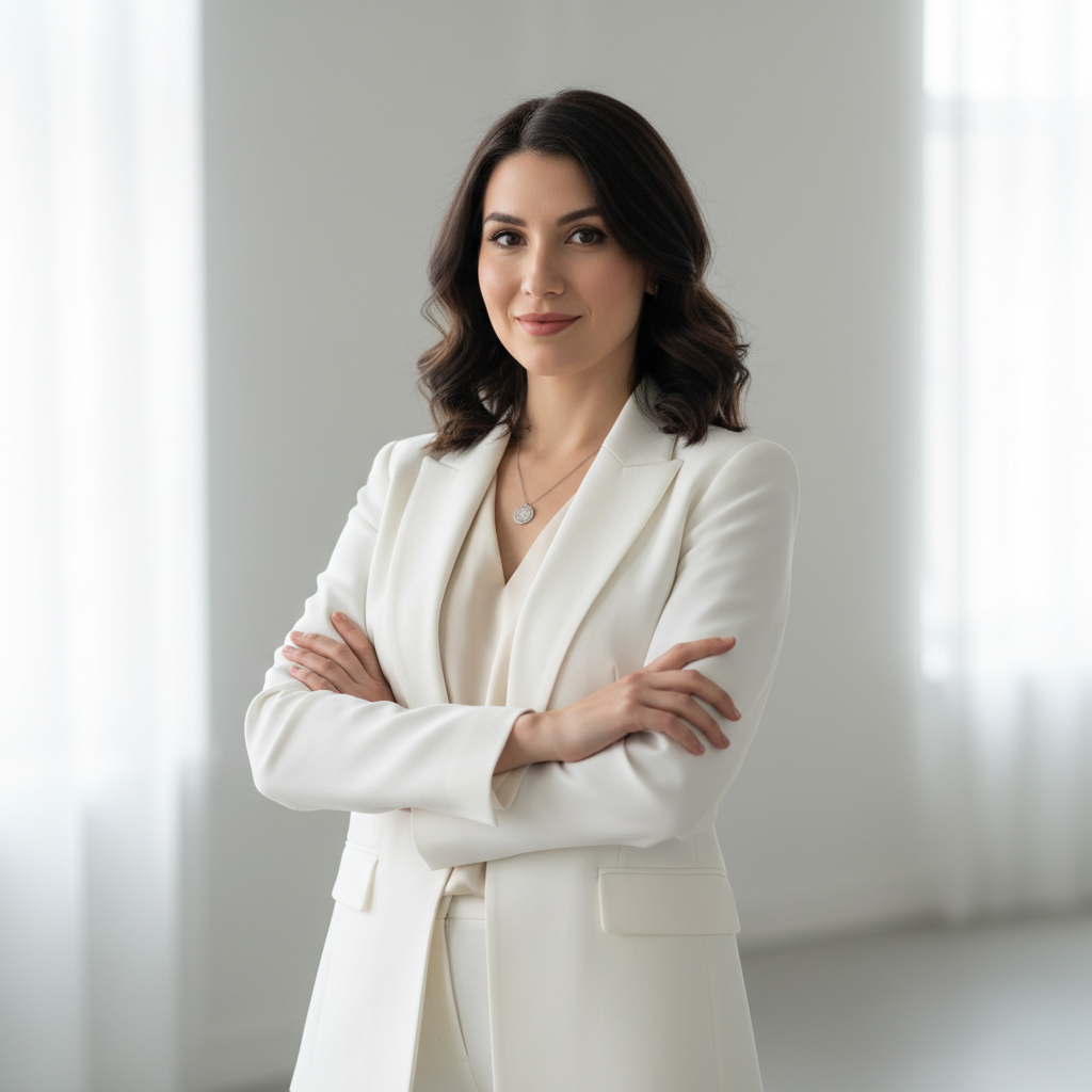 Fashion editorial — woman in elegant outfit standing in bright studio, clean white background, warm natural light