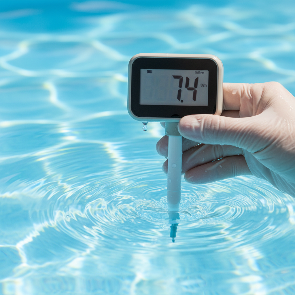 Close-up of a digital pH reader displaying 7.4 held over clear blue pool water by a gloved hand