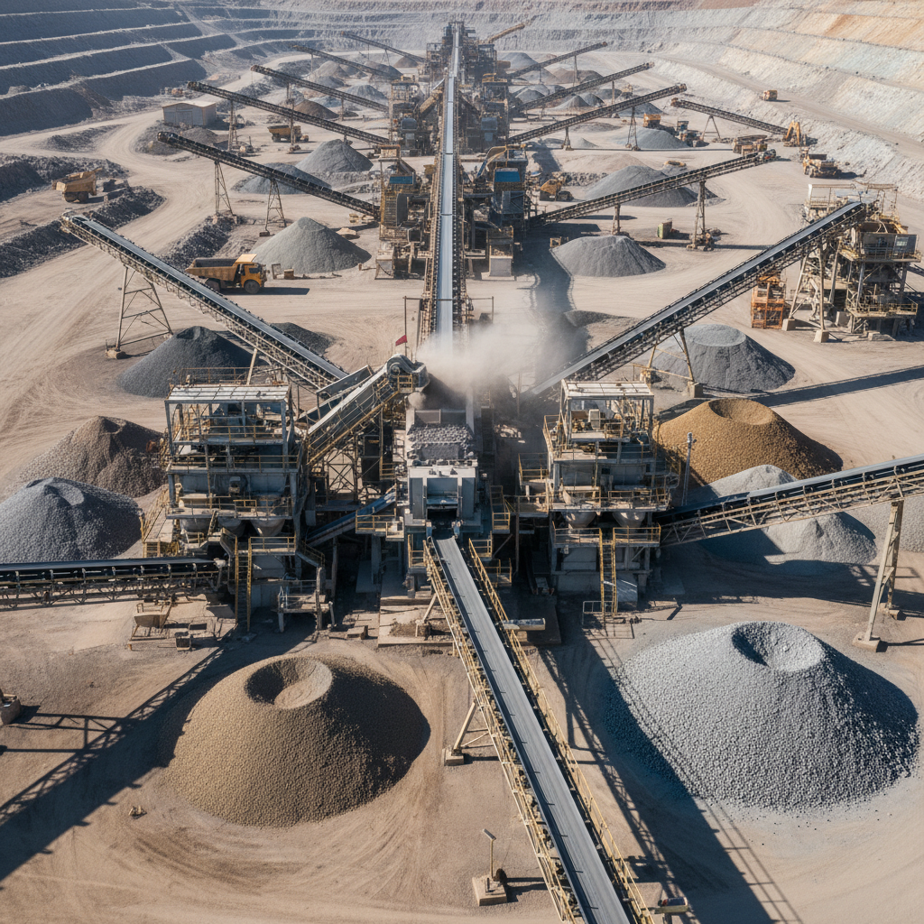 Aerial view of large dark mineral ore stockpiles at an industrial mining terminal with conveyor belts