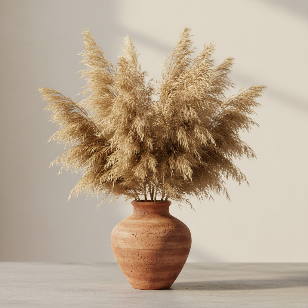 Dried flower arrangement with pampas grass in terracotta vase — floral shop pin template