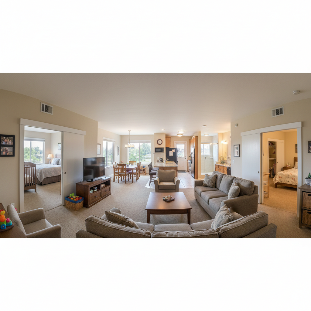 Spacious family suite with two bedrooms, bright living area, and premium furnishings in warm ivory tones