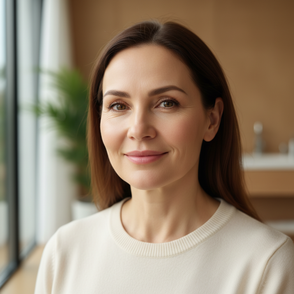 Renata, 46, studio portrait showing restored facial volume and lifted contour after four PRP sessions