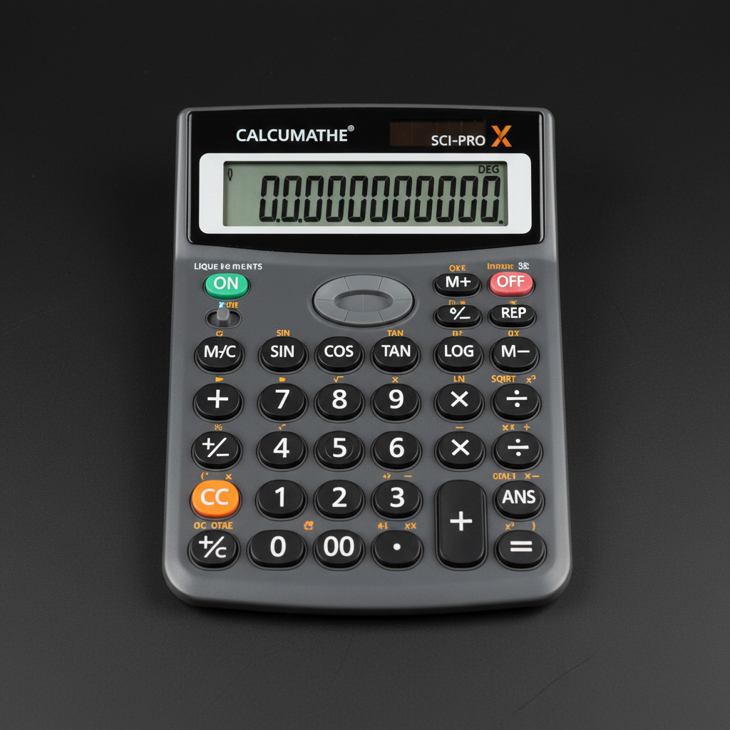 White scientific calculator on a dark background, engineering notes visible