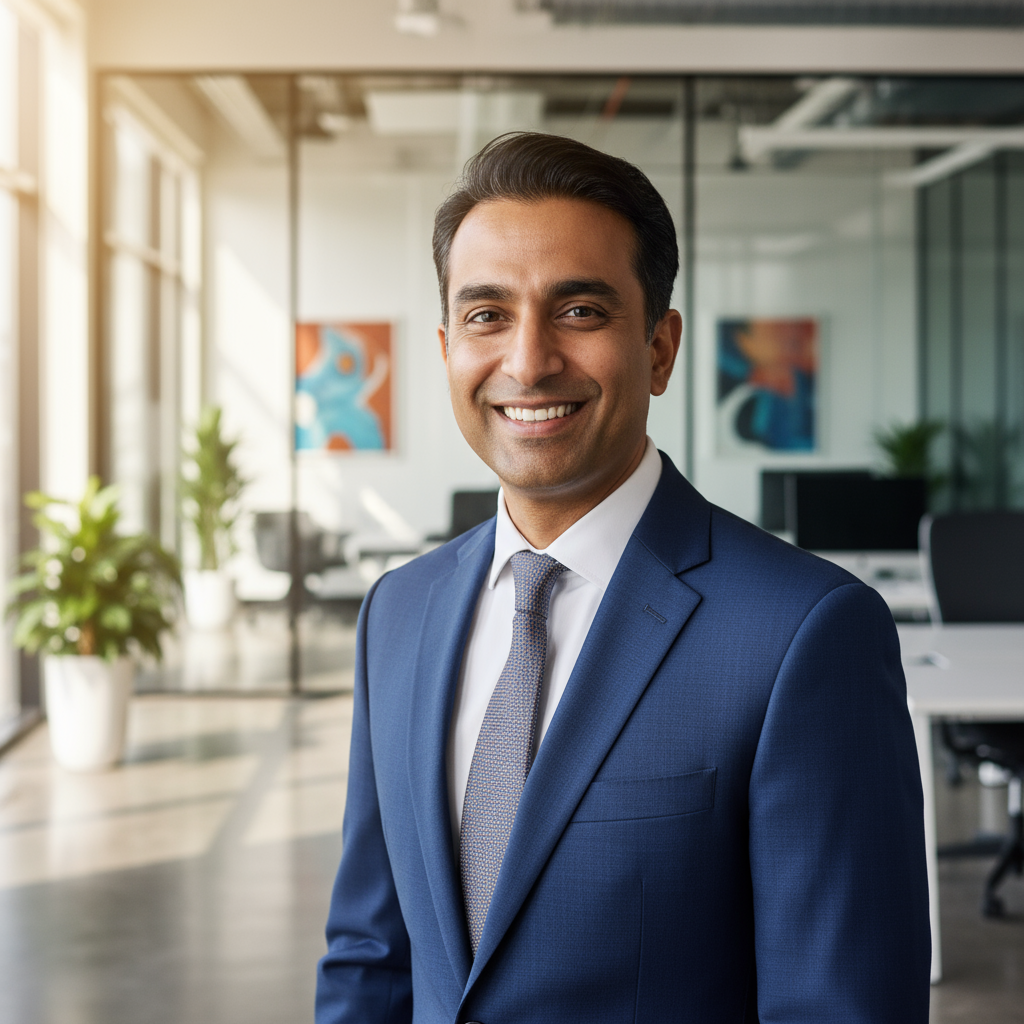 Indian businessman in blue shirt smiling confidently in modern office