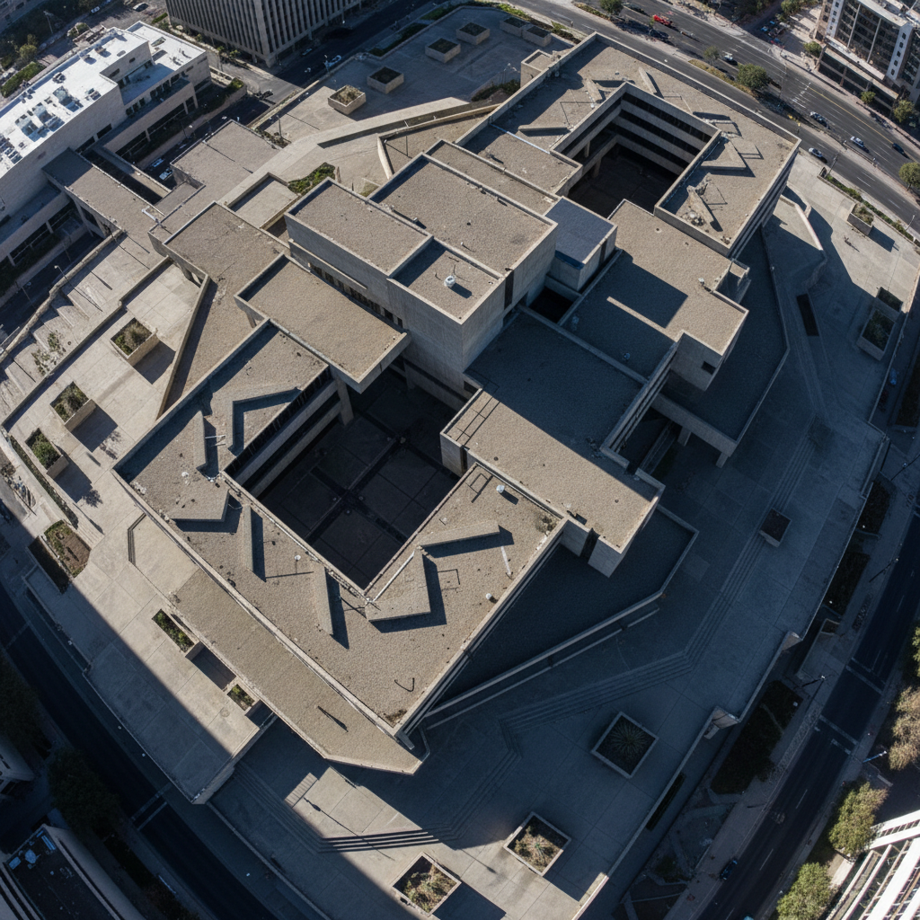 Aerial view of concrete civic building with geometric shadow patterns across stepped plaza