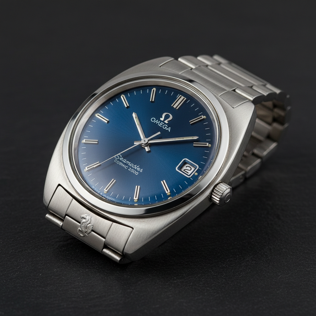 Omega Seamaster Cosmic 2000 with blue sunburst dial and cushion case on dark background