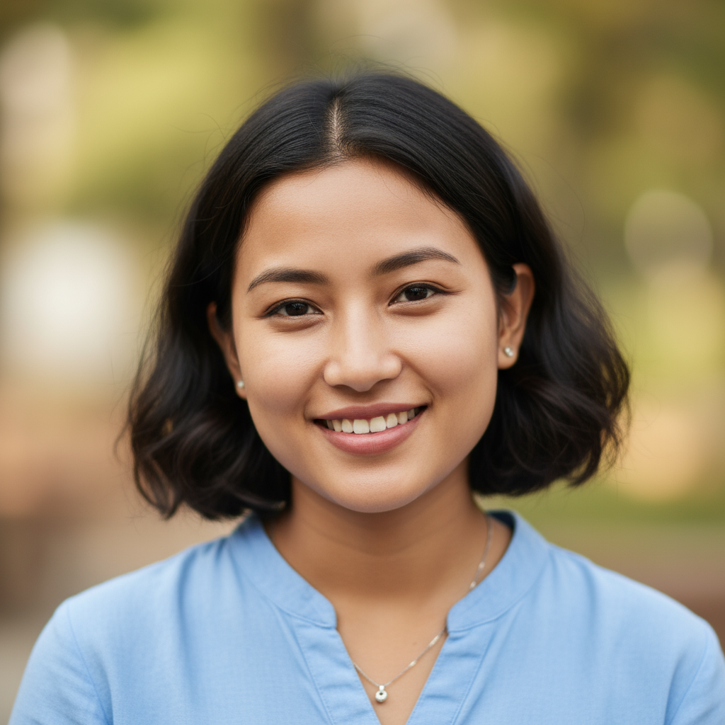 Smiling Nepali woman in casual attire, bright natural light, outdoor setting