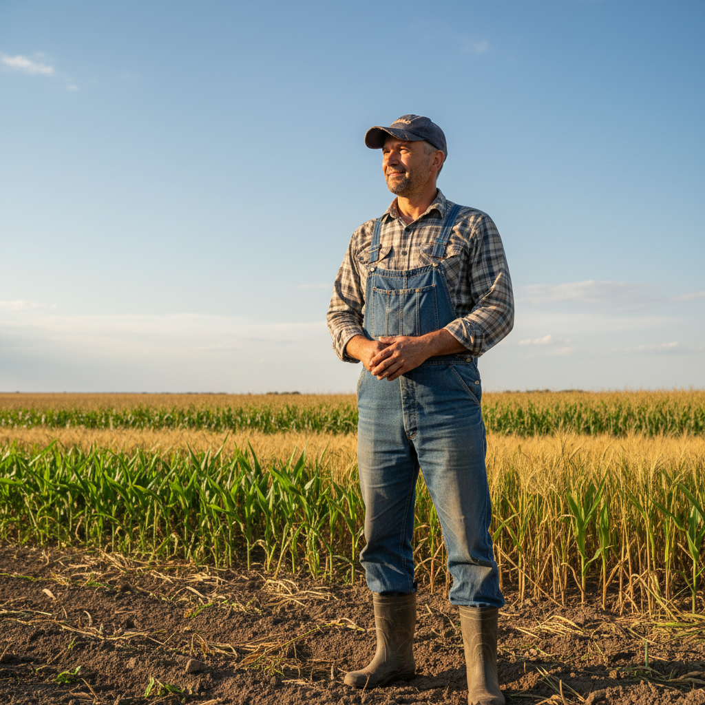 Male farmer in his 40s wearing a cap, outdoors in a field