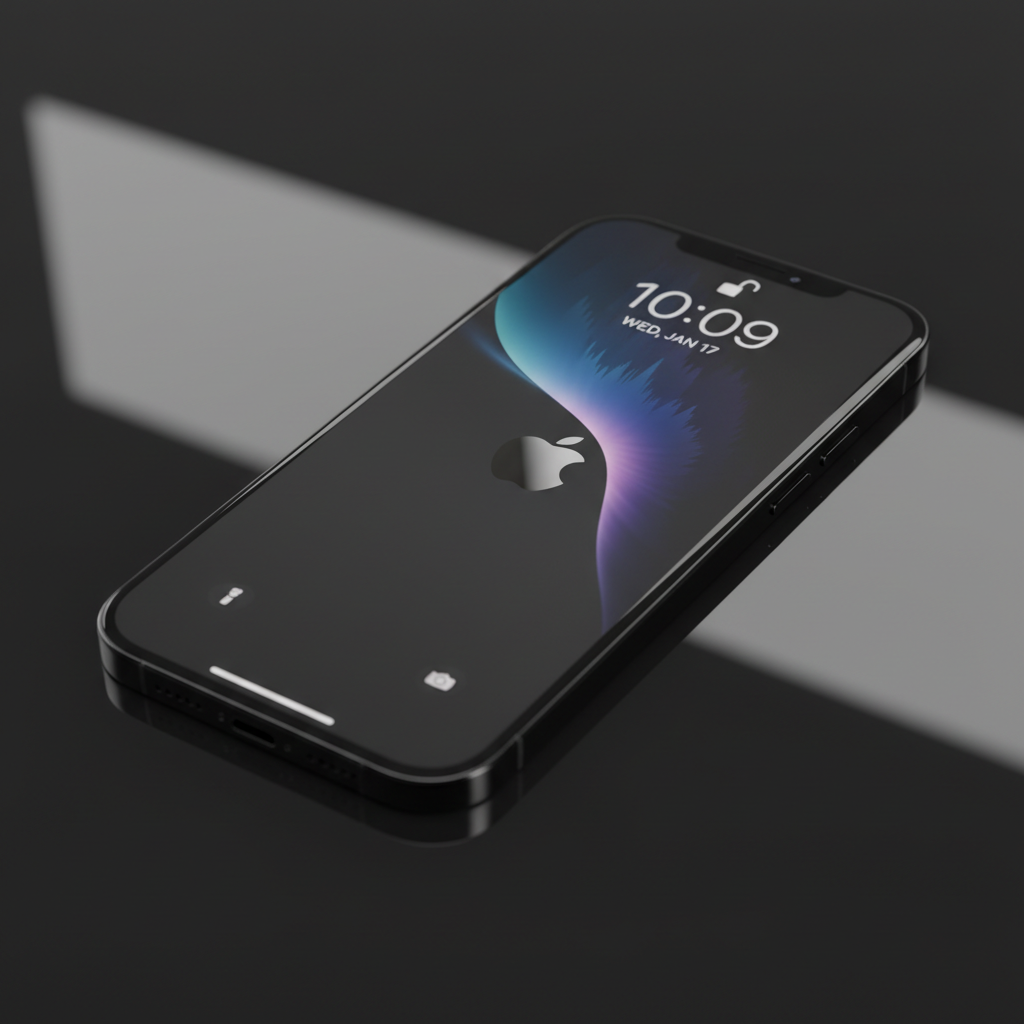 iPhone 14 midnight color on dark minimal surface