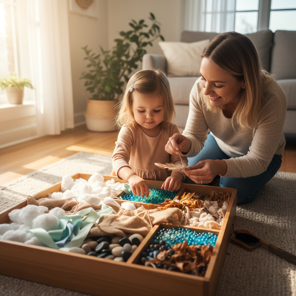 Parent and young child playing together on a sensory mat, laughing and making eye contact, warm afternoon light