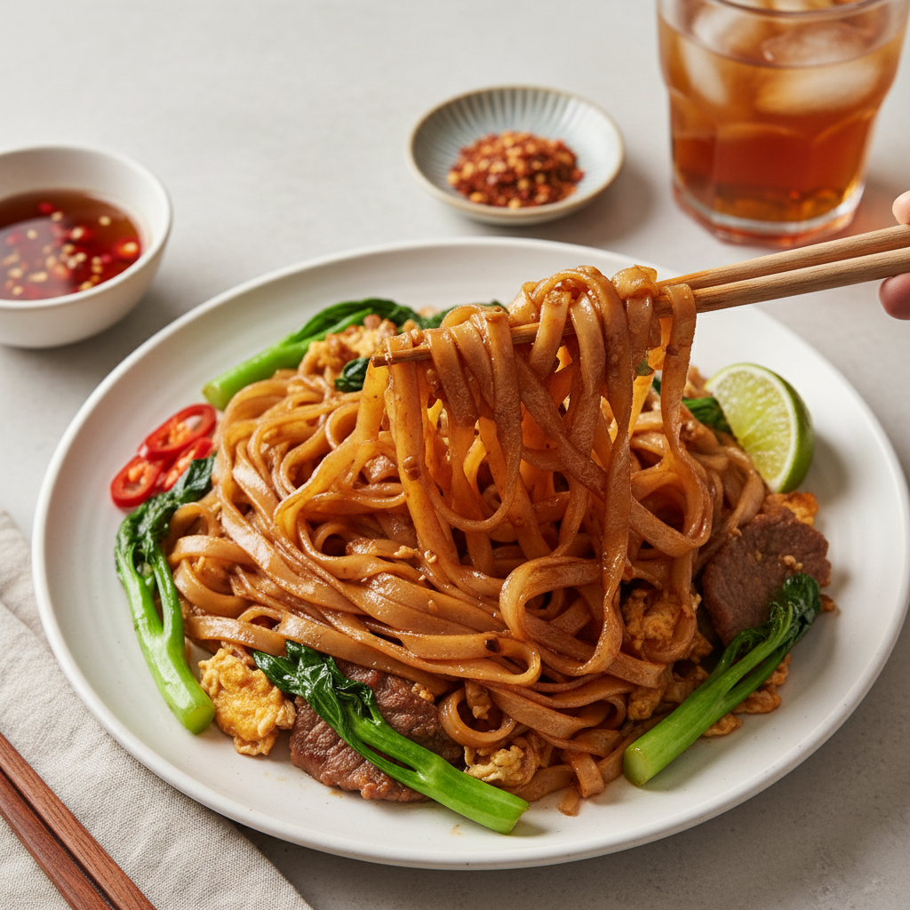 Overhead shot of Pad See Ew with chopsticks mid-twist, glossy noodles glistening