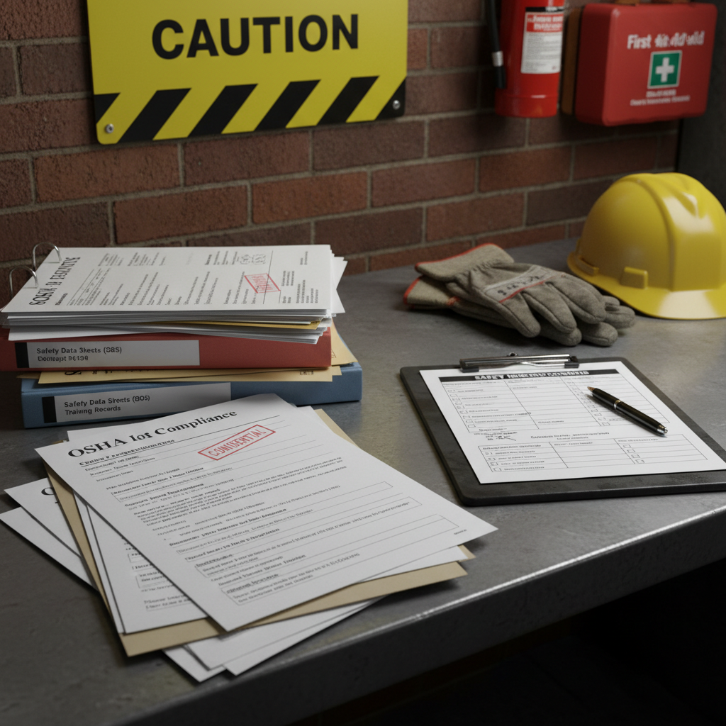 OSHA compliance paperwork and safety inspection clipboard on industrial desk