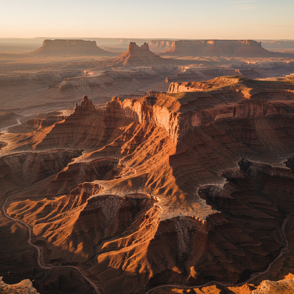 Aerial landscape view of Phoenix Arizona desert terrain, deep canyon shadows, atmospheric low-key golden hour lighting, cinematic dark environment