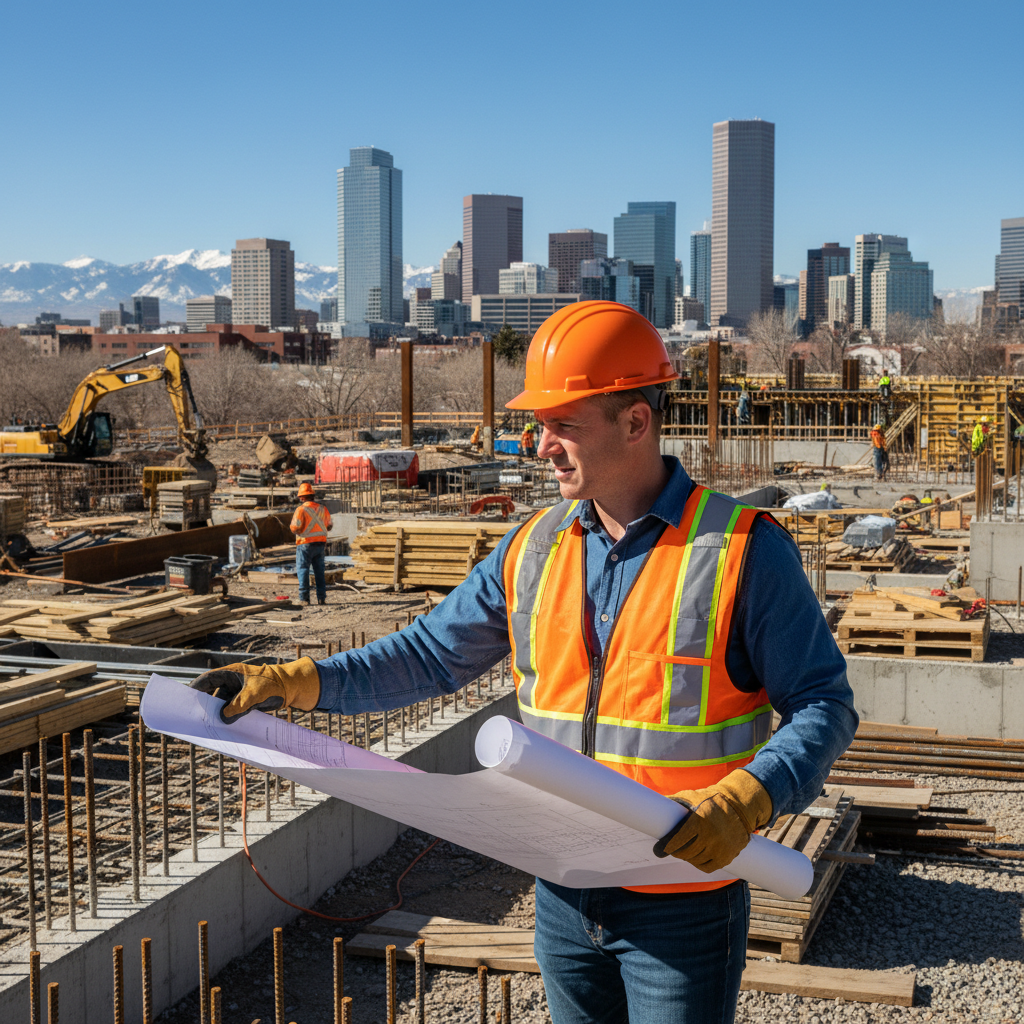 Construction project manager reviewing site progress on a large building project, bright professional environment