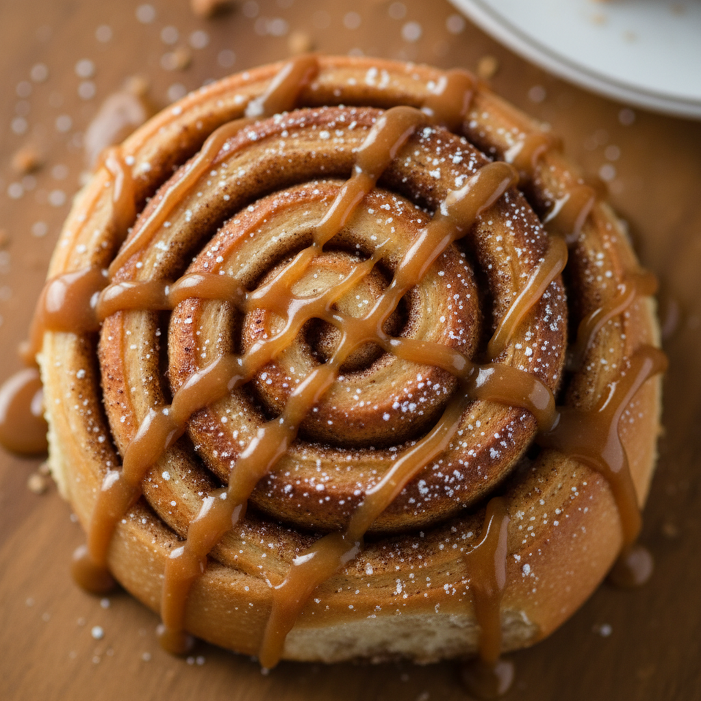 Cinnamon roll mare cu glazură albă care curge peste spirale maro-aurii pe fundal crem
