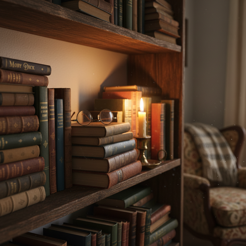 Stacked old books on dark shelf, dim warm candlelight glow, moody shadows, antique literary atmosphere