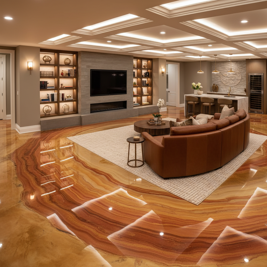 Basement with warm copper and bronze metallic epoxy floor, open entertainment space, ambient lighting
