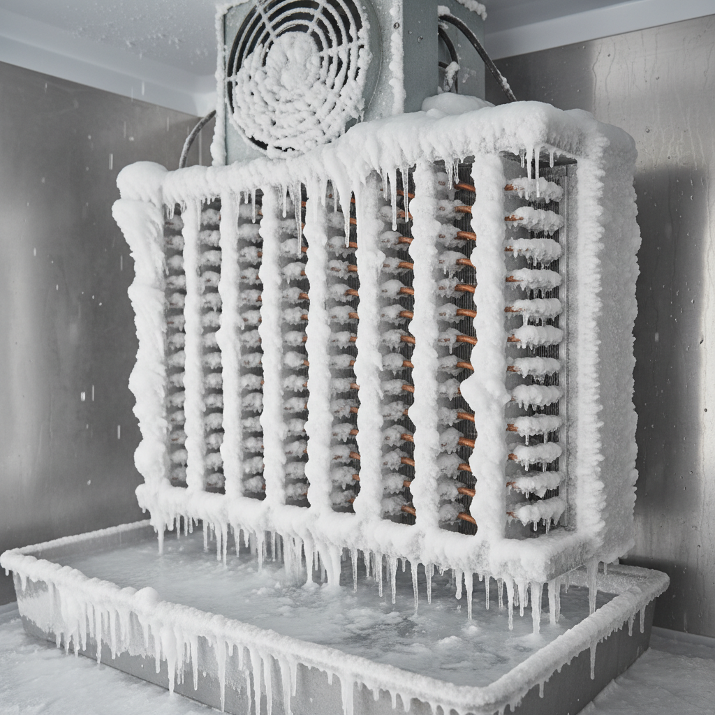 Frosted commercial refrigerator evaporator coils showing failure state with ice buildup