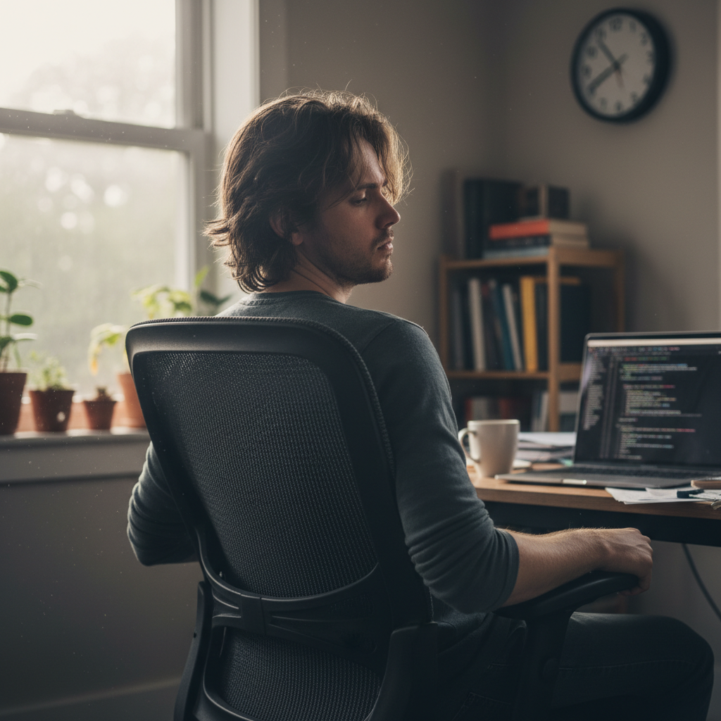 Man sitting at a desk in front of a laptop in a quiet home office, relaxed but focused