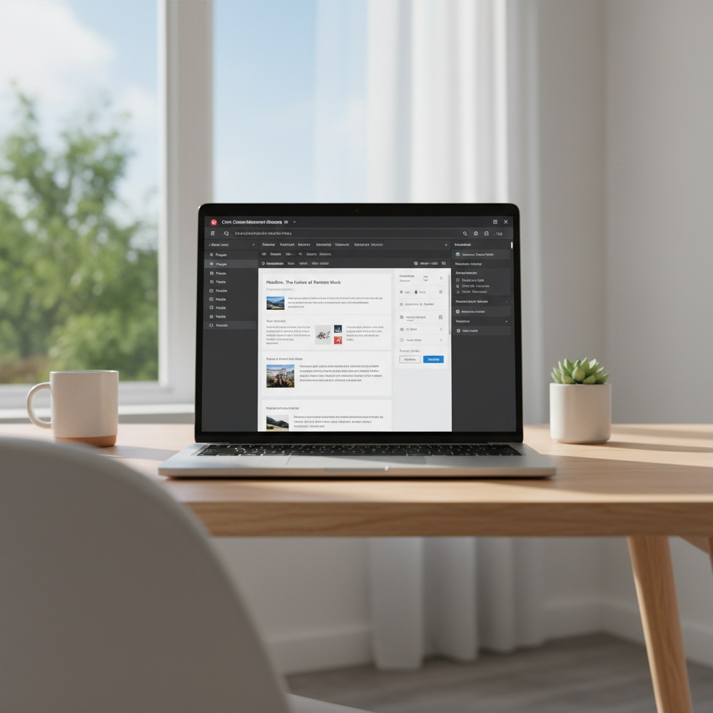 Web content management interface on laptop screen, neutral tones, structured grid layout, bright studio lighting
