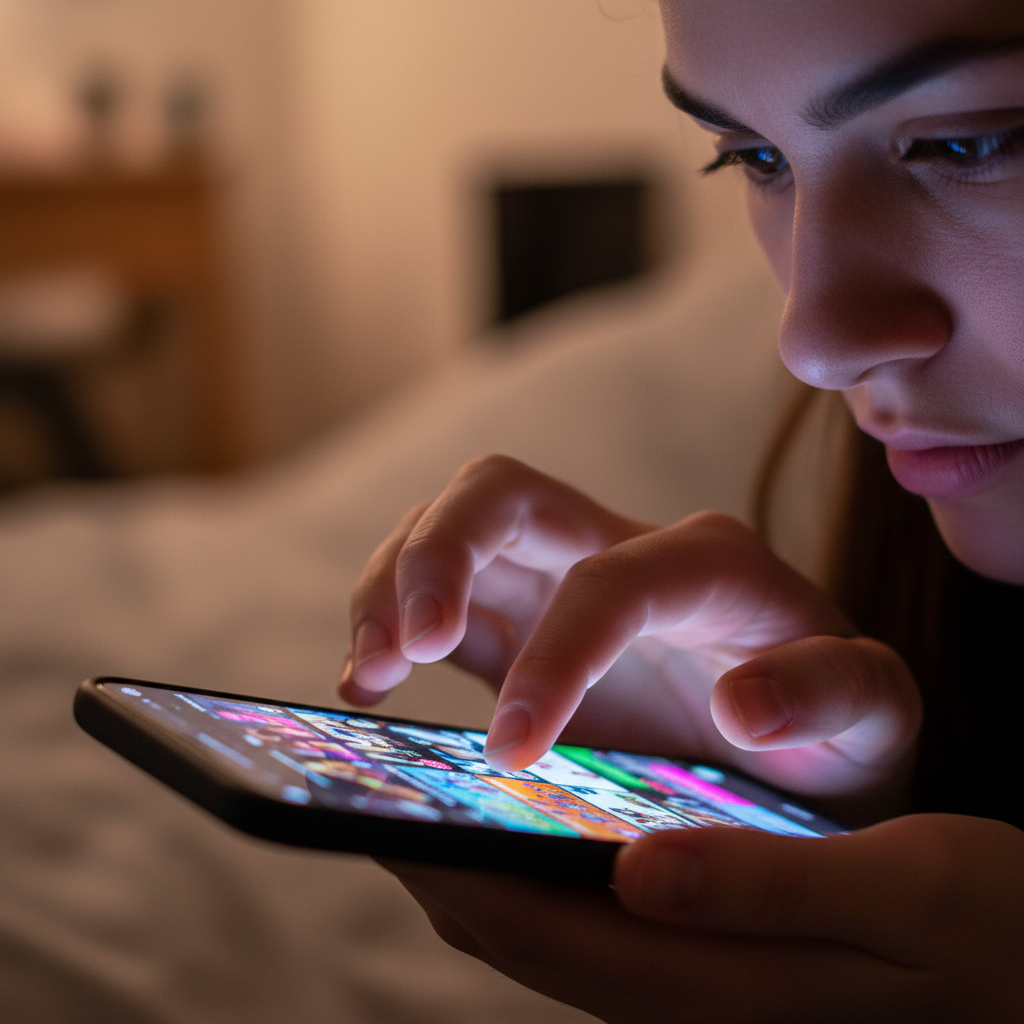 Social media content creation, dark environment with phone screen glow, scrolling feed aesthetic