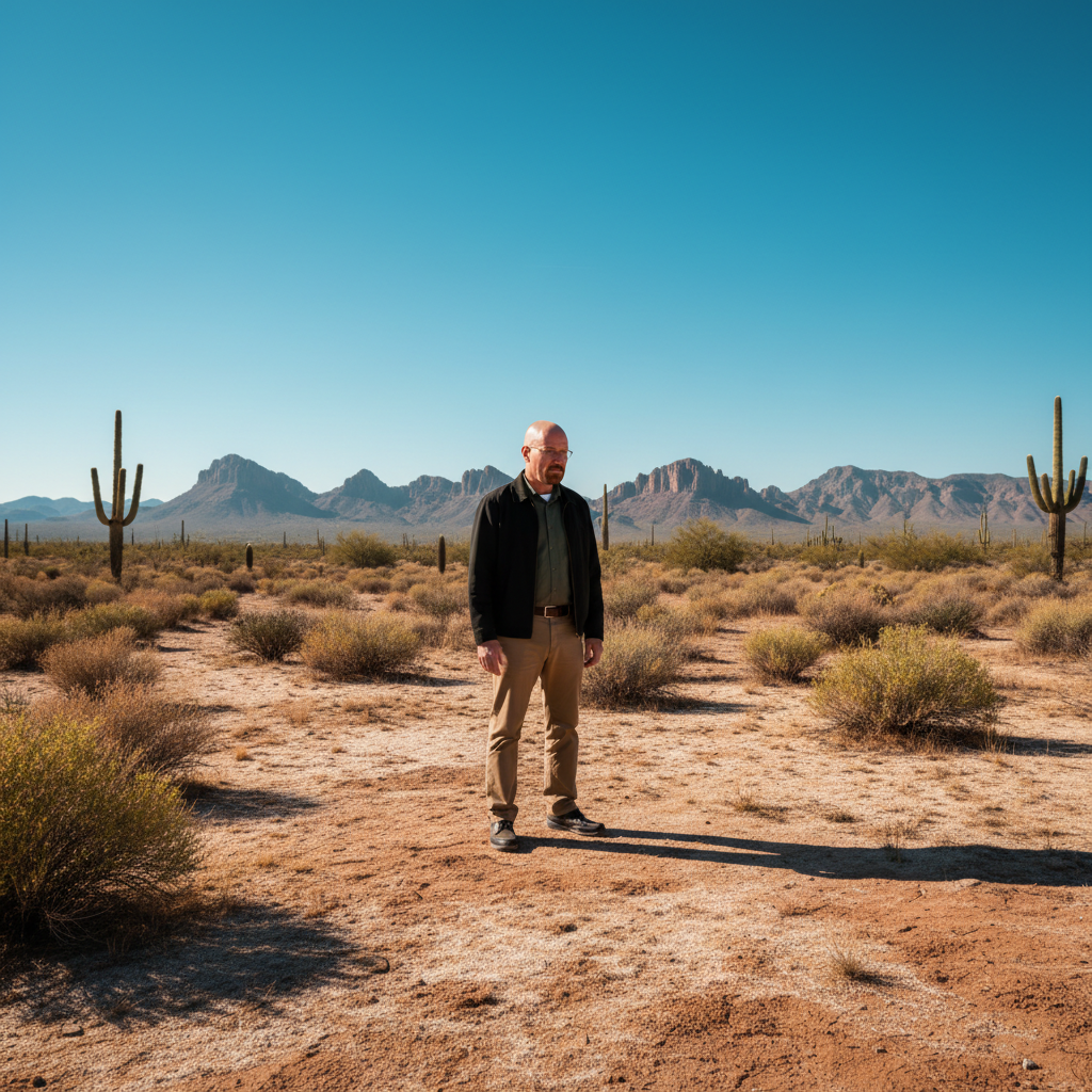 Older man in his sixties in a desert garden at golden hour, calm and grounded