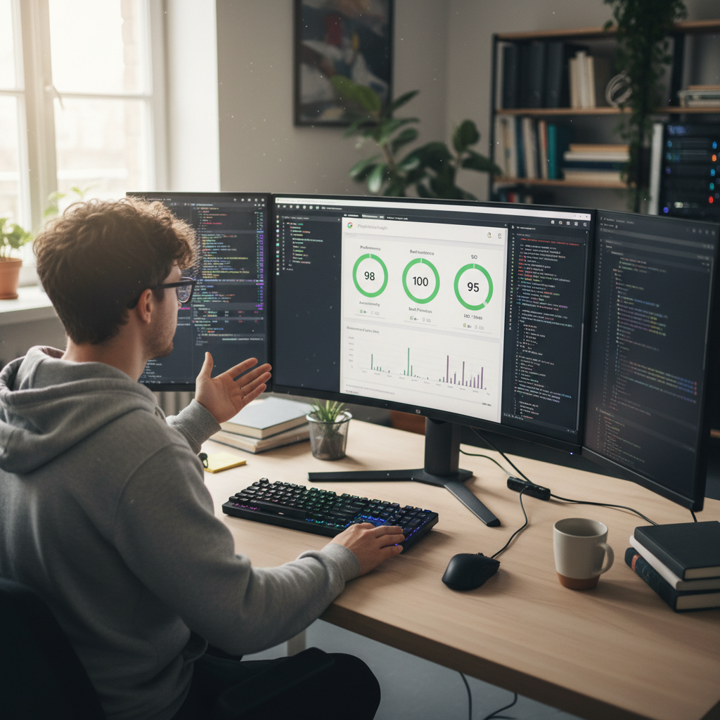 Theo Wachowski, front-end engineer, showing PageSpeed Insights scores on monitor with code editor open in background