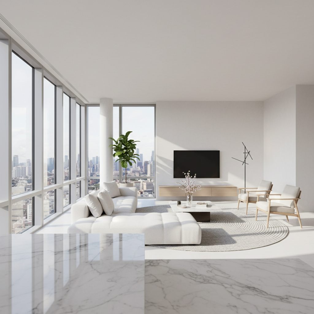 Apartamento moderno iluminado con muebles contemporáneos y ventanales amplios