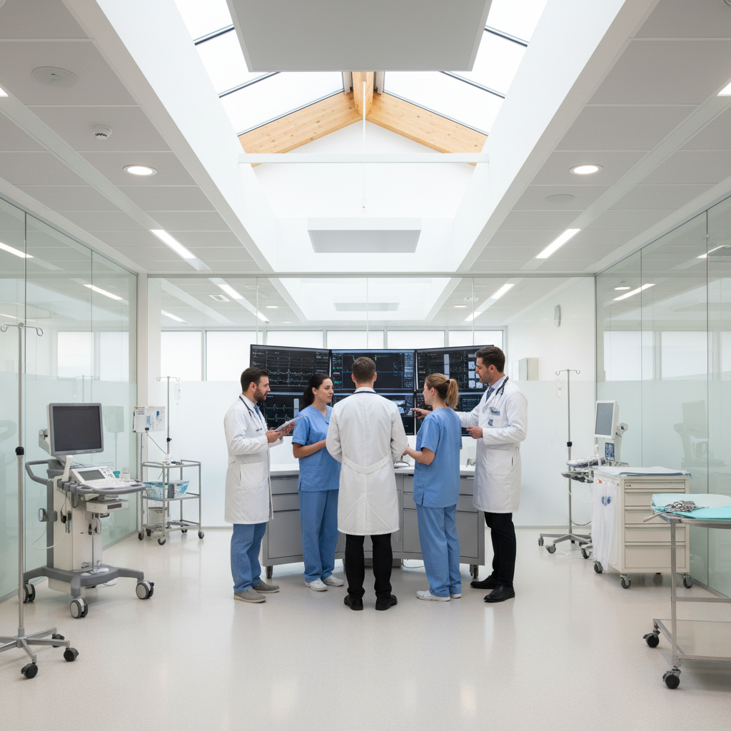 Healthcare professionals in white coats examining data on computer screens in a clinical setting
