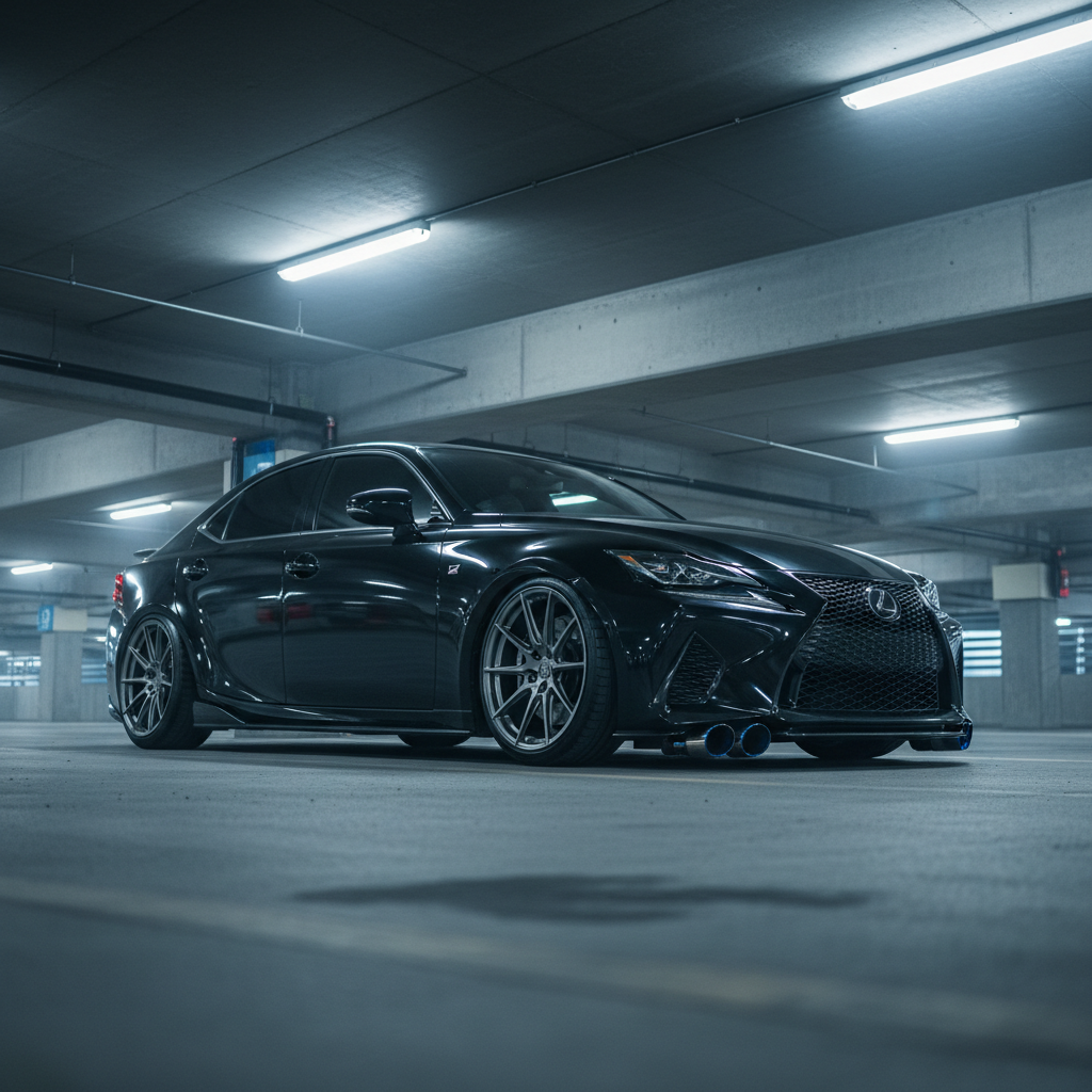 Tuned Lexus IS500 lowered on forged monoblocks with titanium exhaust tips in parking garage