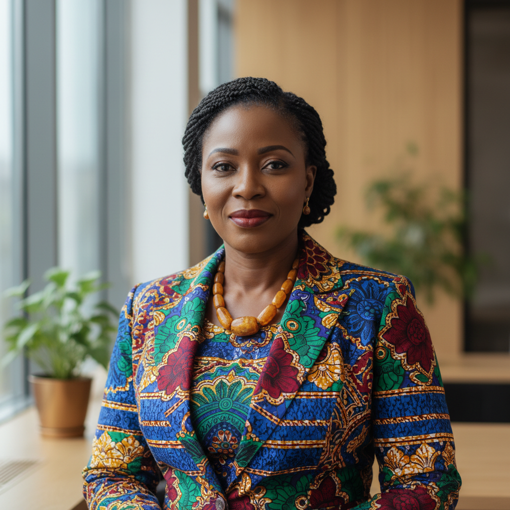 South African woman in her 40s wearing professional attire, confident warm expression, bright professional setting