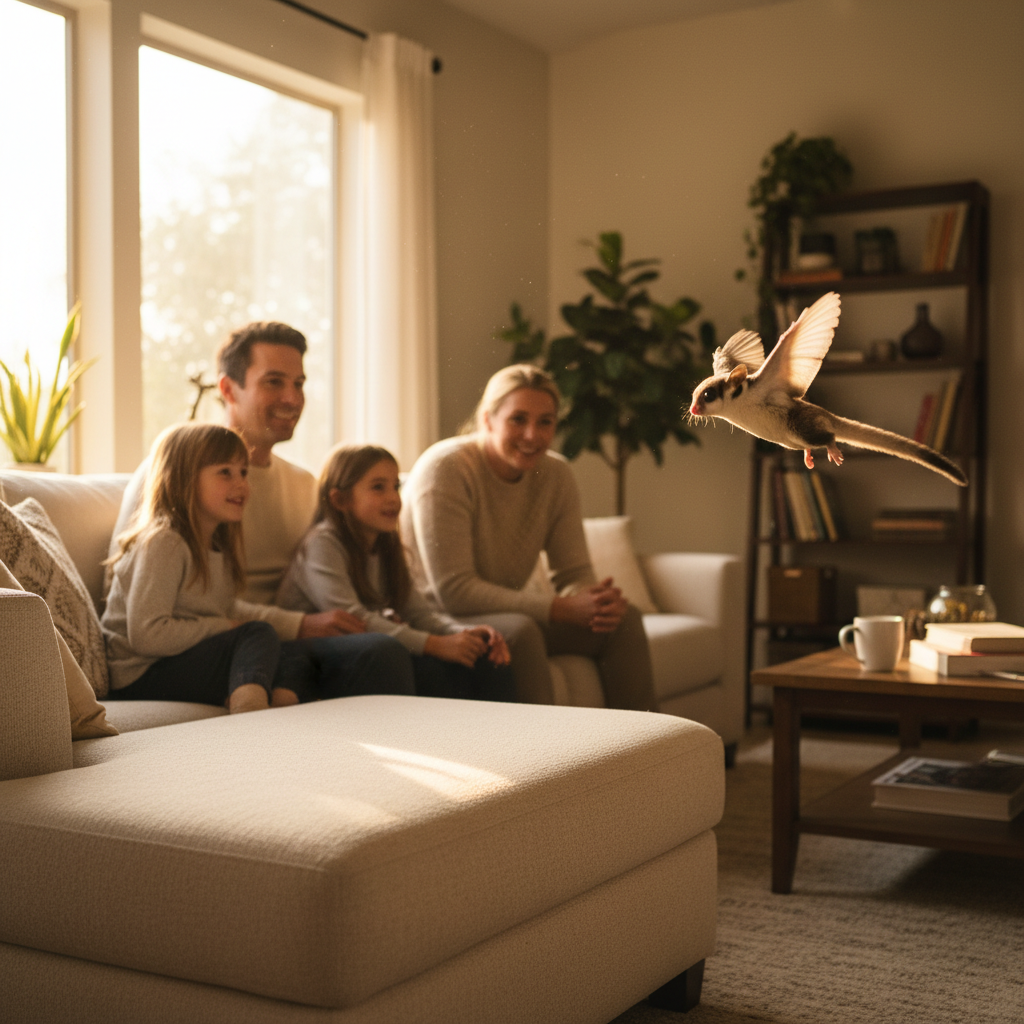 Family gathered on couch watching sugar glider glide across room in warm light